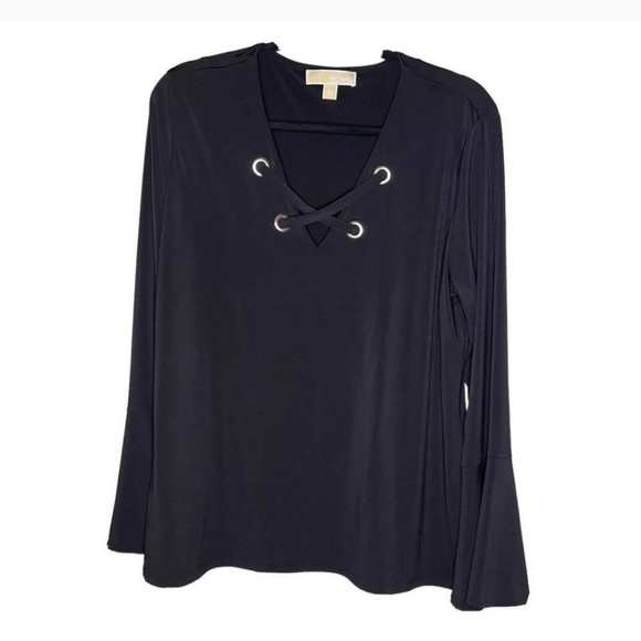 MICHAEL Michael Kors Tops - Michael Kors Womens Black Bell Sleeve Lace-Up Top Size Small Crisscross